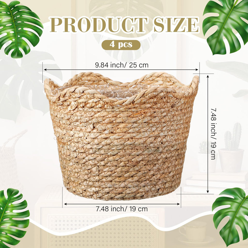 4 Pcs Large Seagrass Planter Basket with Plastic Lining Wicker Planter Basket Weaved Baskets for Plants Laundry