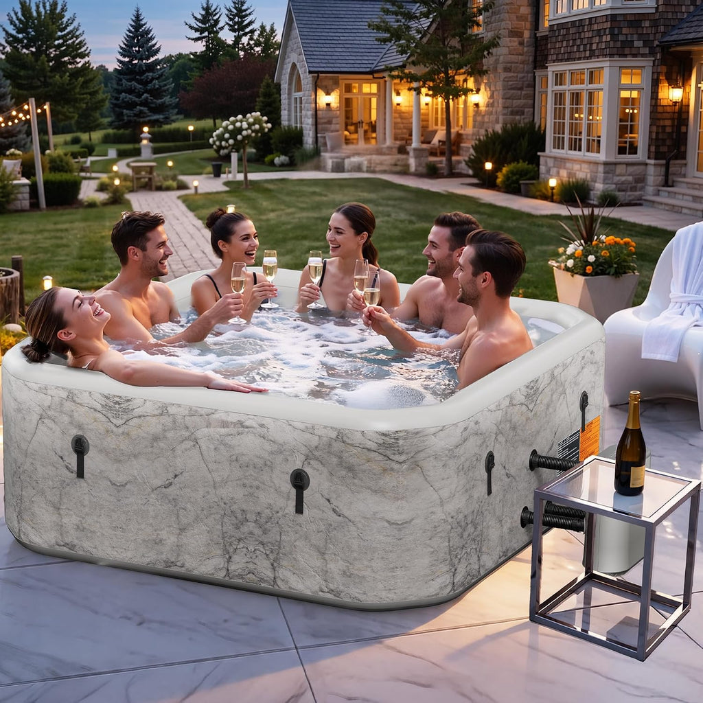 77-Inch Drop-Stitch Inflatable Hot Tub for 6 Person, Square Portable Outdoor Spa with 180 Massage Jets, Smart Heating
