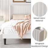 Full Velvet Bed Frame with Vertical Channel Tufted Wingback Headboard, Upholstered Platform Bed with Wood Slats