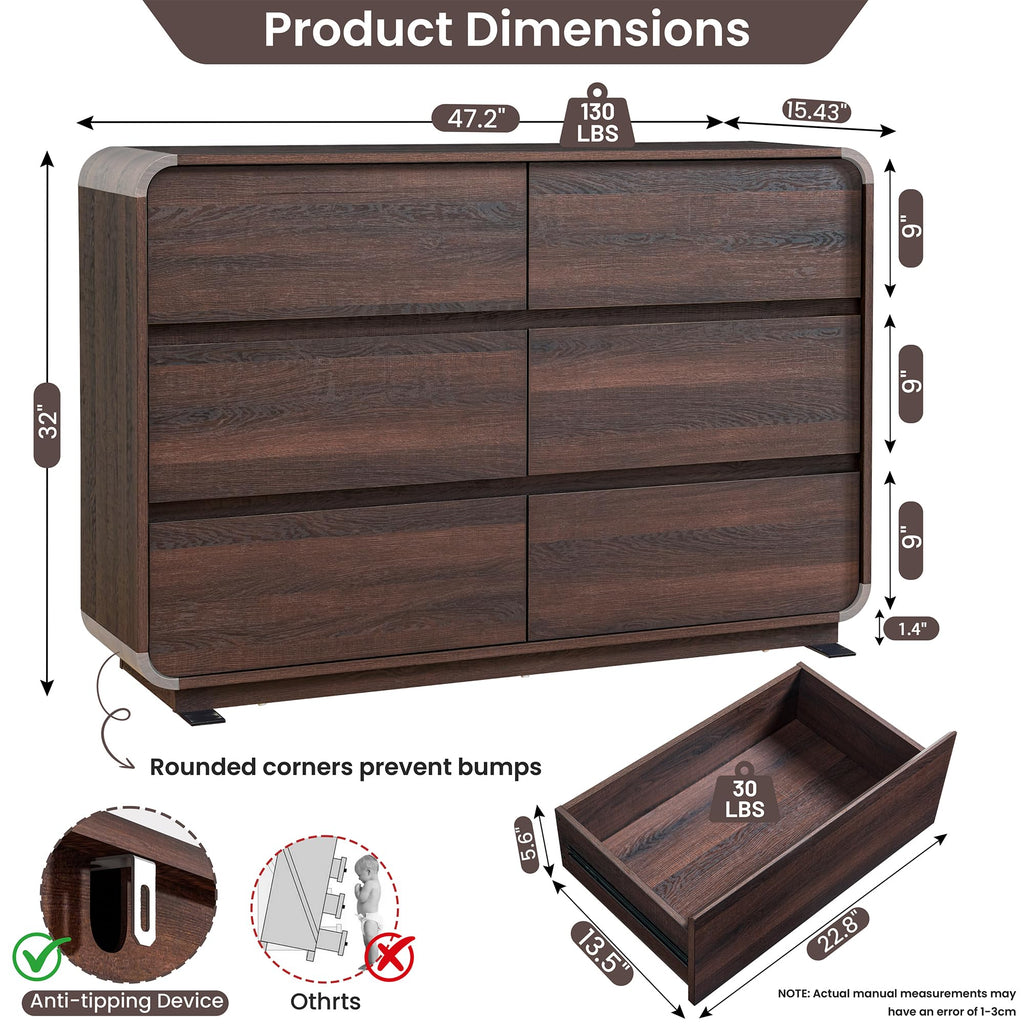 Walnut 6 Drawer Dresser, Curved Chest of Drawers, 47 Inch Wide Dresser with Deep Drawers, Modern Drawer Closet s