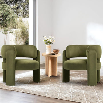 Modern Velvet Accent Chair Set of 2, Upholstered Barrel Chairs, Comfy Side Arm Chairs with 3 Legs , Reading, Green