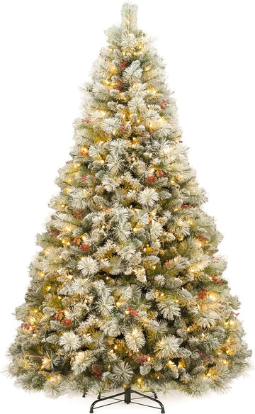 Prelit Flocked Christmas Tree with Pine Needle and Brerries