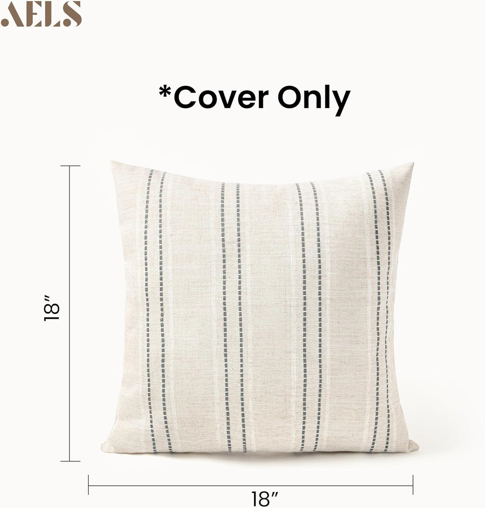 18x18 Decorative Farmhouse Linen Blend Throw Pillow Covers, Boho Textured Pillow Case, Set of 2, Beige with White &