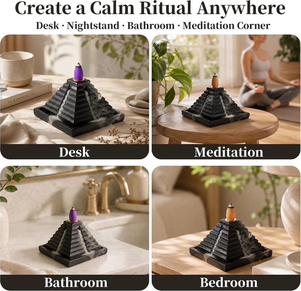 Pyramid Backflow Incense Burner Gift Set, Black Cement, 40 Cones