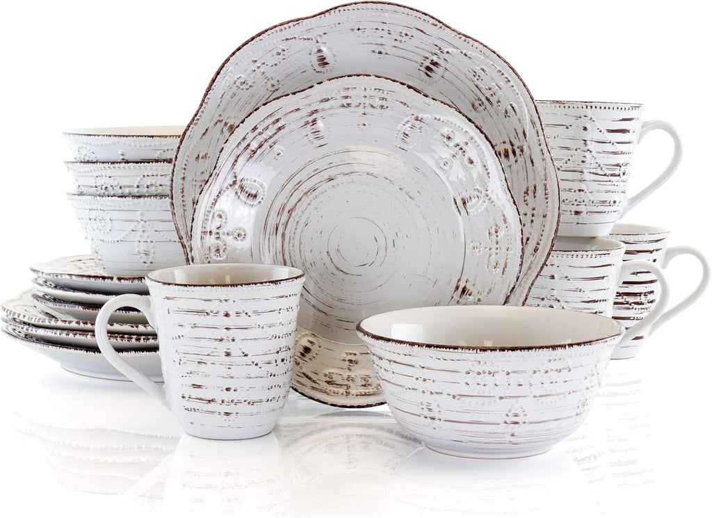 Rustic Birch 16 Piece Embossed Scalloped Stoneware Round Dinnerware Set in White with Brown Accents