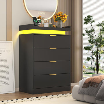 Black Dresser with LED Lights, Wooden LED Dresser, 4 Drawer Chest with Charging Station, Tall Chest of Drawer Closet
