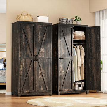 70" Farmhouse Wardrobe Closet Set of 2 with Hanging Rod & Barn Doors