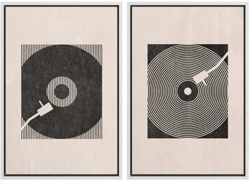Framed Canvas Print Wall Art Set Mid-Century Geometric Music Record Player Shapes Abstract Illustrations Modern Art