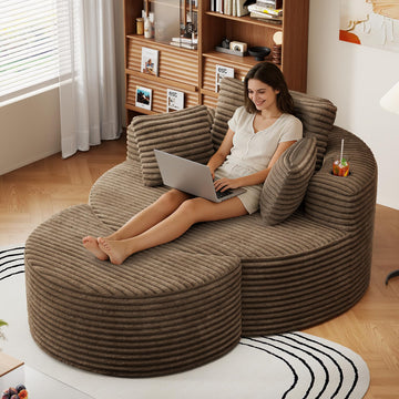 Oversized Round Chaise Longue Chair with Ottoman, Modern Corduroy Deep Seat Circle Single Cloud Boneless Floor Accent