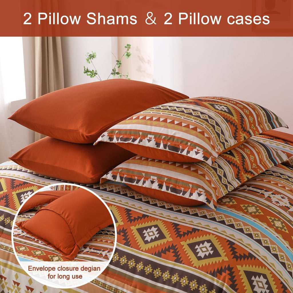 Burnt Orange/Terracotta Comforter Set King, Lightweight Boho Bed in A Bag King Size 7 Piece Aztec Fall Bedding Set