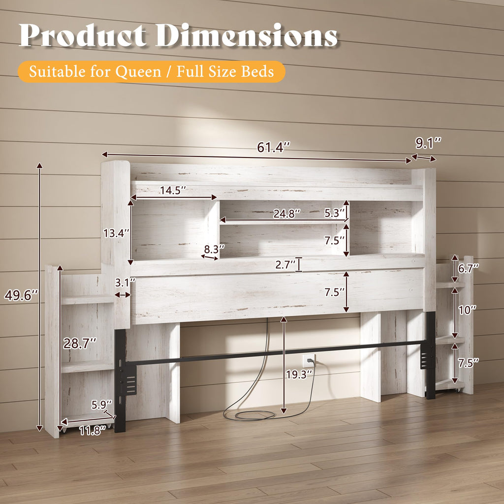 Wood Headboard Only with Storage, Distressed White
