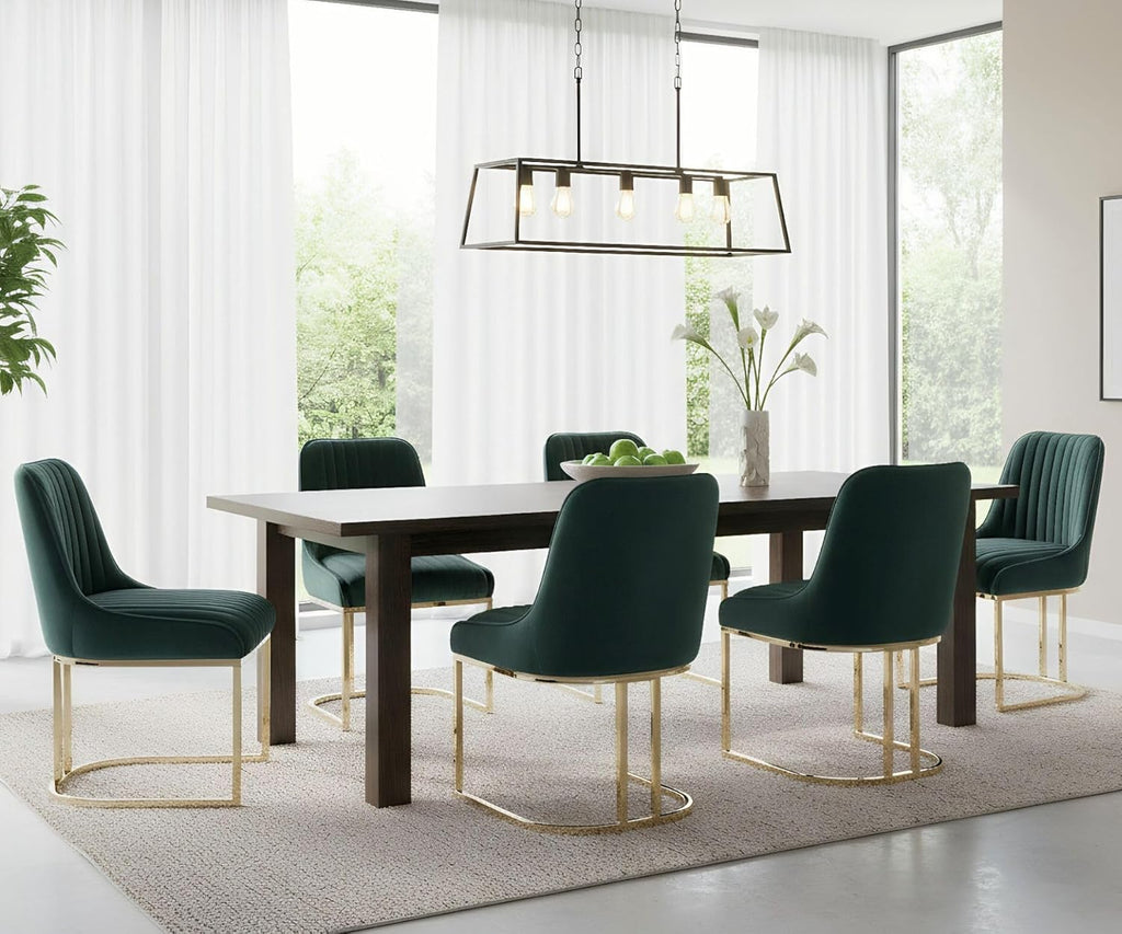 Velvet Dining Chairs Set of 2 Green Upholstered Dining Room Chairs with Gold Legs Modern Armless Kitchen Chairs with