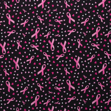 Cancer Awareness Cotton Fabric, Ribbon Hearts Pink