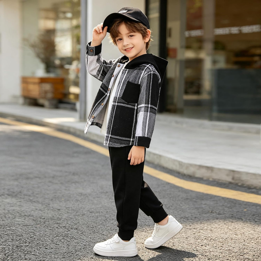 Toddler Boys Clothes 2 Piece Flannel Plaid Shirt Hoodie and Pants Little Boys Fall Winter
