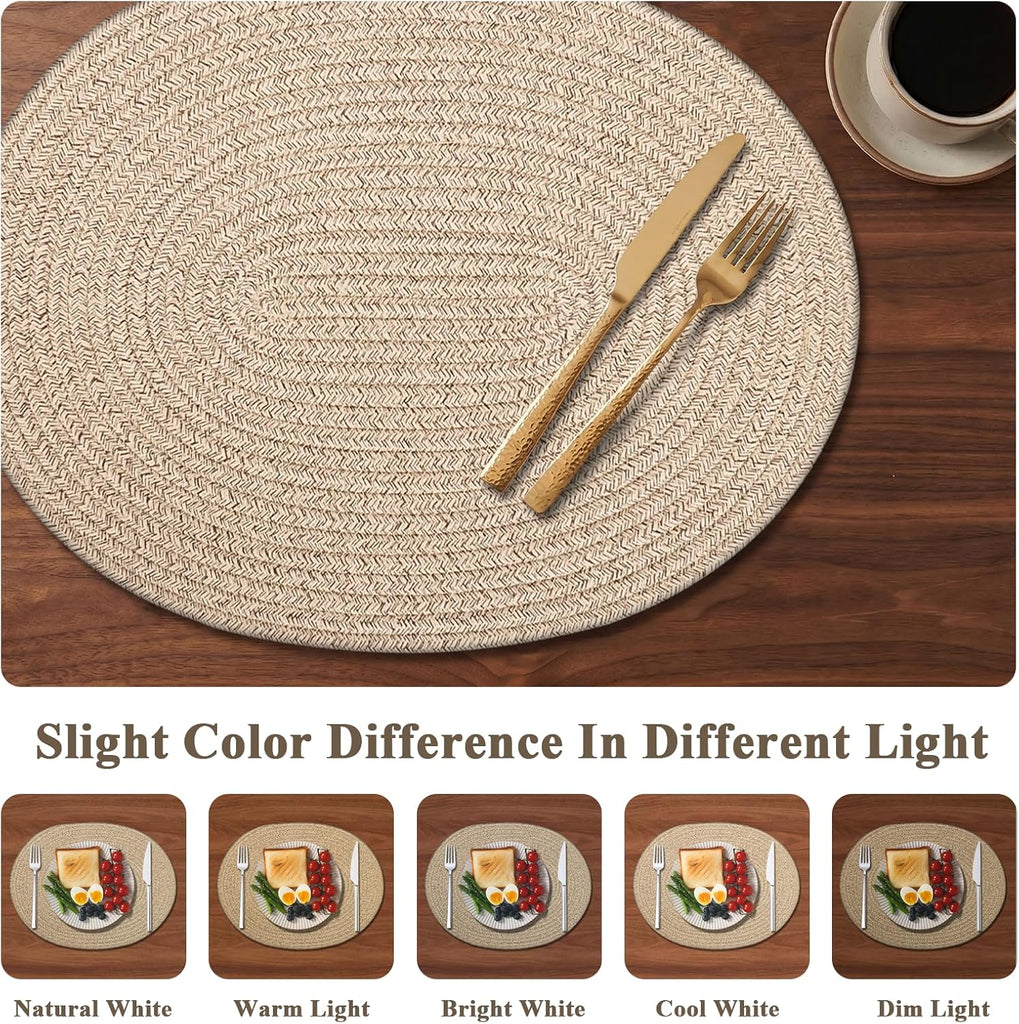 Oval Woven Cotton Placemats, Thick Braided Rope Table Mats, 17 x 13 Inches Large Non Slip Heat Resistant - Set of 6