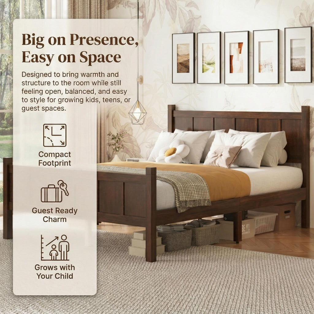 Platform Bed Frame with Headboard & Footboard, Modern Farmhouse Wood Grain Flat Panel Bed for Adults