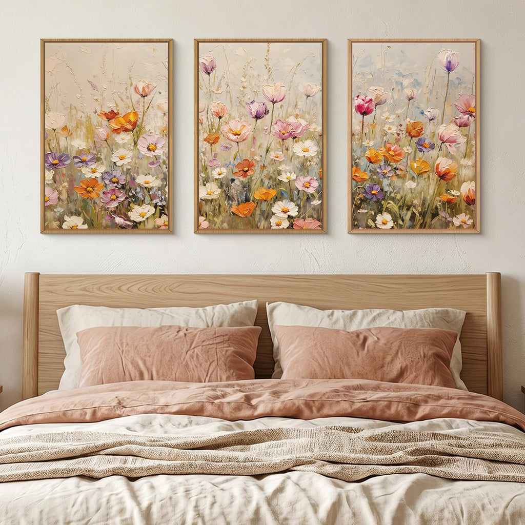 Large Nature Wildflowers Framed Canvas Wall Art, Vintage Daisy Painting, Colorful Floral Wall Decor, Watercolor