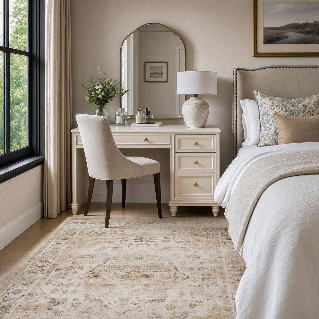 3X5 Area Rug-Soft Washable Vintage Throw Accent Rugs, Laundry Room, Kitchen, Bathroom, Bedside, No Slip Beige