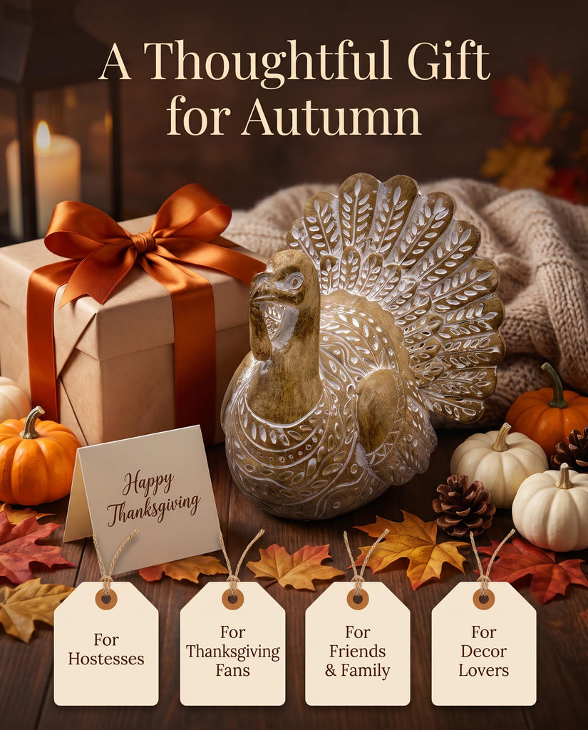 Resin Turkey Figurine, Hand-Painted Thanksgiving Tabletop Decor, Fall Harvest Turkey Statue for Mantel, Shelf, Dining