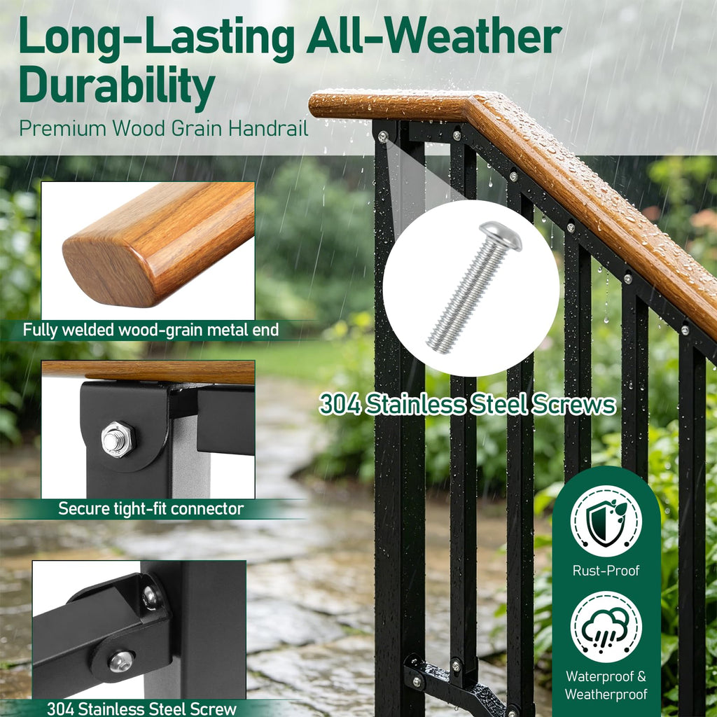 Hand Rails for Outdoor Steps 3-Step Railing Metal Wood-Grain