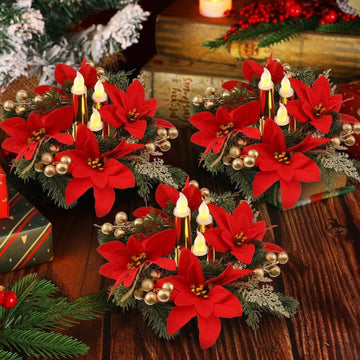 3 Set Poinsettia Centerpieces Christmas Floral LED Candles Decor