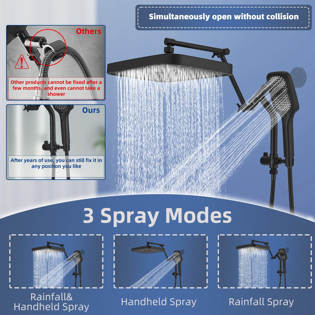 14" Wide Rain Shower Head with Handheld, Full Body Coverage, Black