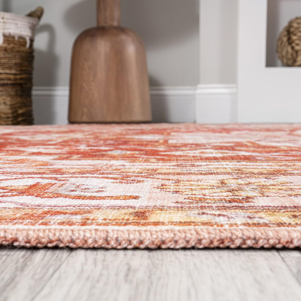 Machine Washable Orange/Cream Indoor Area Rug, ASA Ornate Medallion, Easy-Cleaning, High Traffic