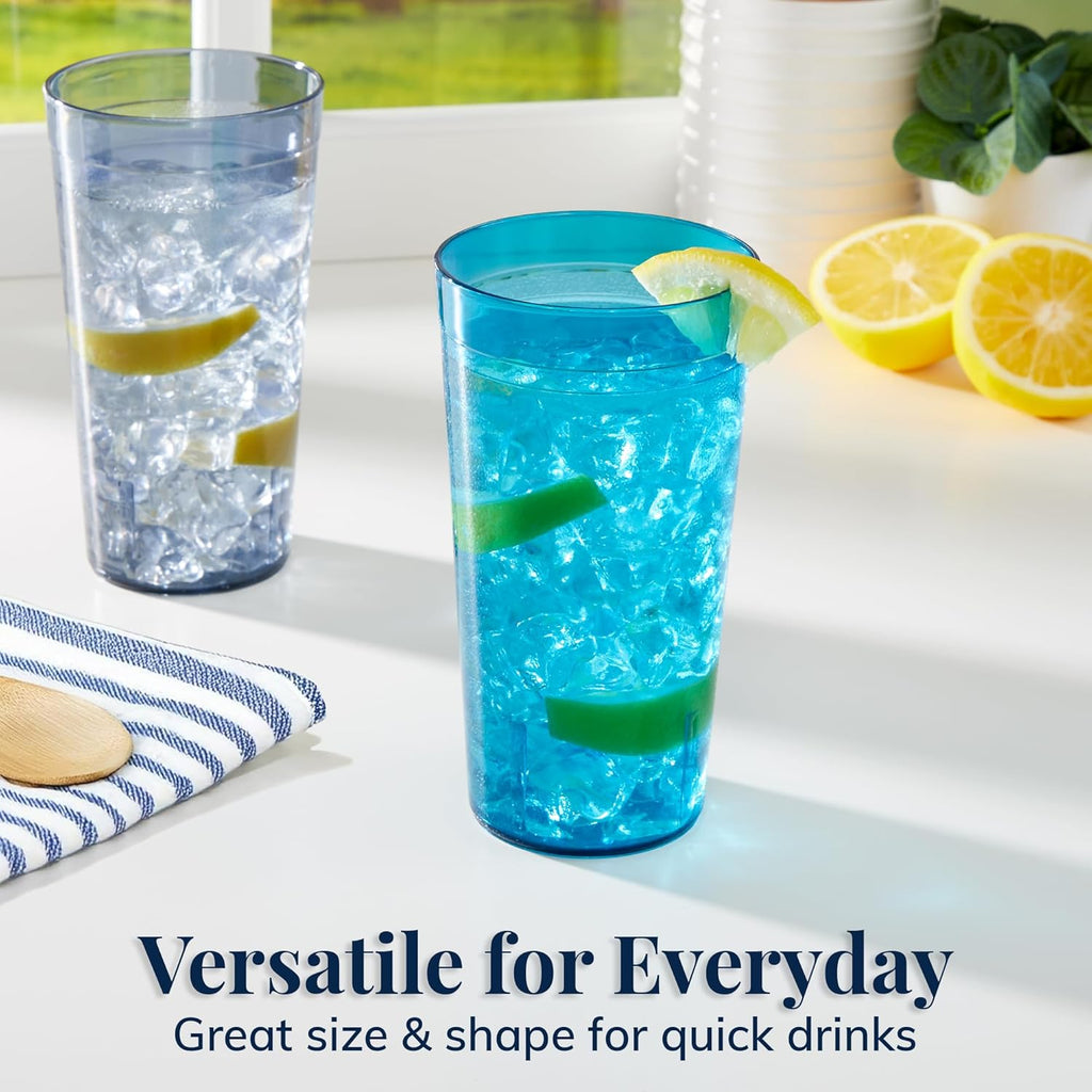 Cafe Plastic Reusable Tumblers (Set of 16) 20-ounce Water Cups Coastal Colors | Restaurant Style Drinking Glasses