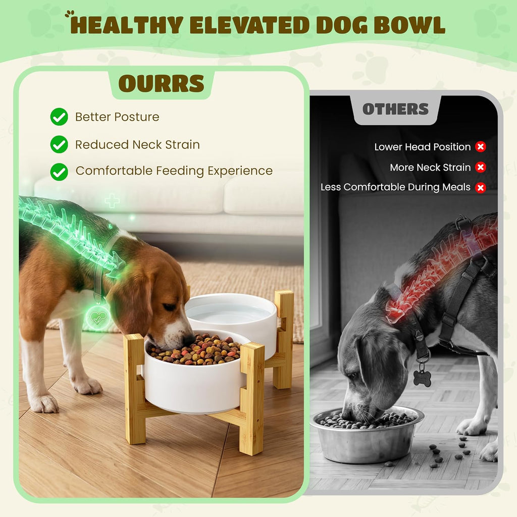 Elevated Dog Bowls with Adjustable Bamboo Stand, Ceramic Dog Food and Water Bowl Set, Raised Dog Bowl for Small &