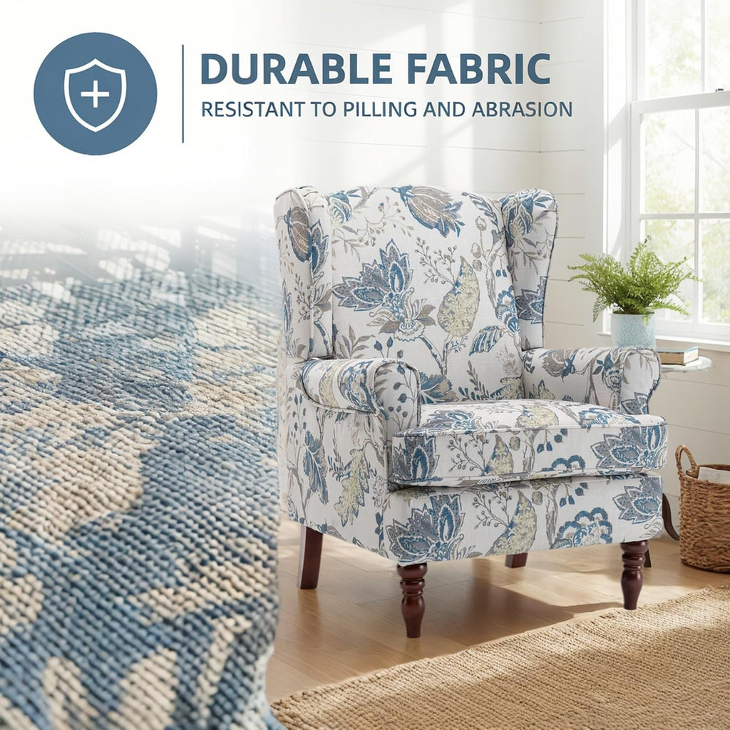 Mid Century Wingback Accent Chairs Set of 2 Blue Floral | Retro Wooden Legs Modern Linen Upholstered Armchair Floral
