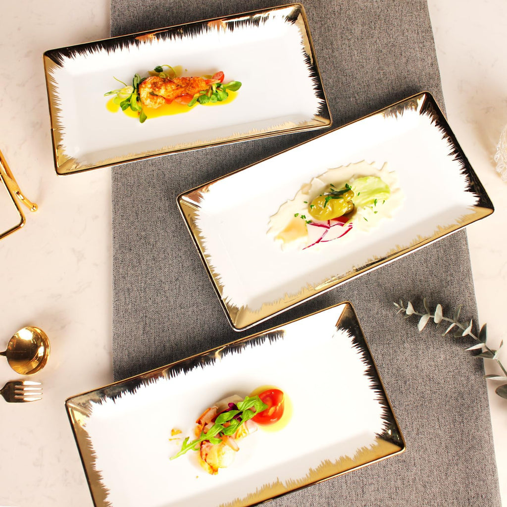 3-Tiered Serving Rack with Ceramic Tray, Foldable Gold Stand with 3-PCS 11.4 Inch Gold Rim Plates, for Food Display