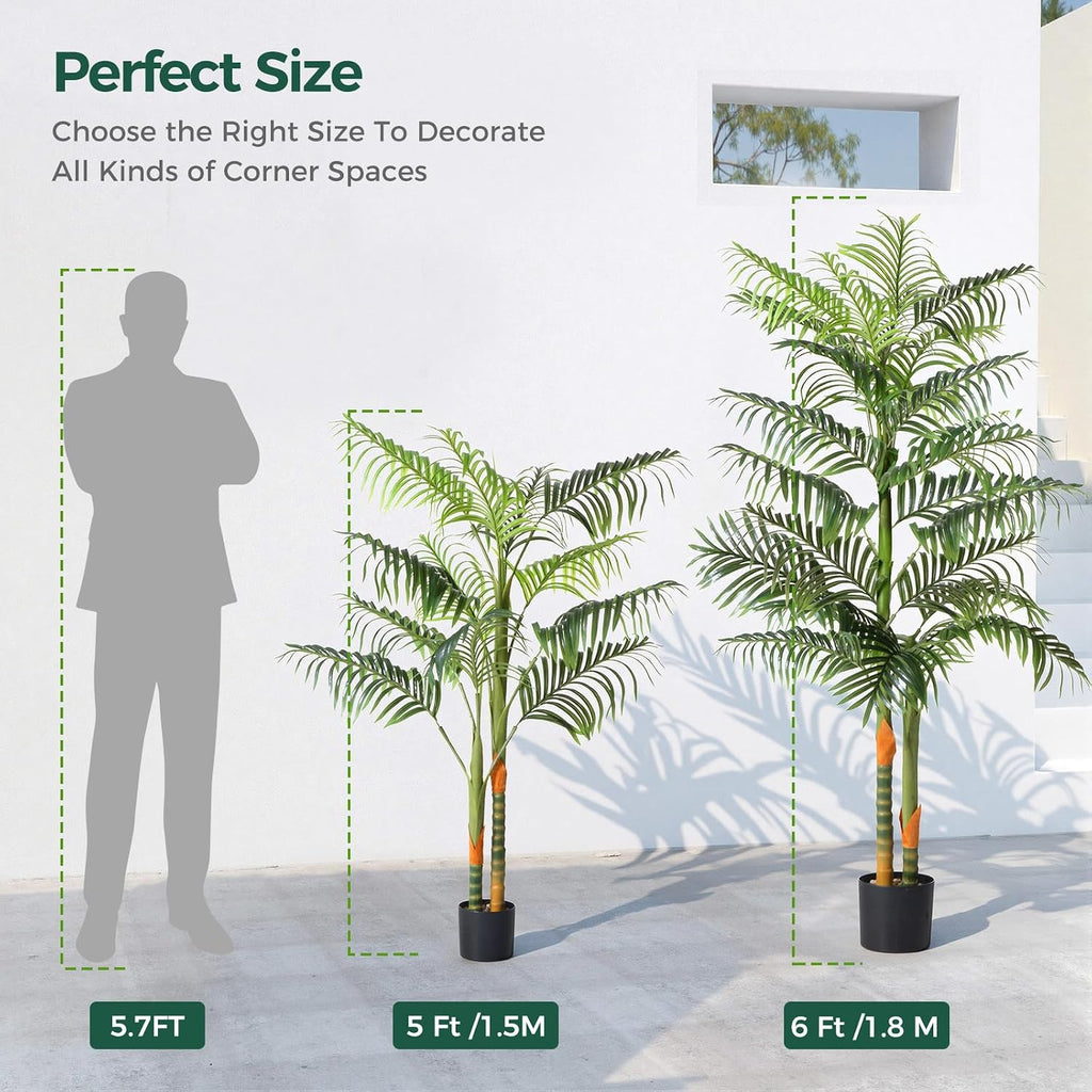 5FT Artificial Palm Tree Tall Plant with Planter & Moss, Realistic 2-Trunk Artificial Tree with Lights, Lifelike
