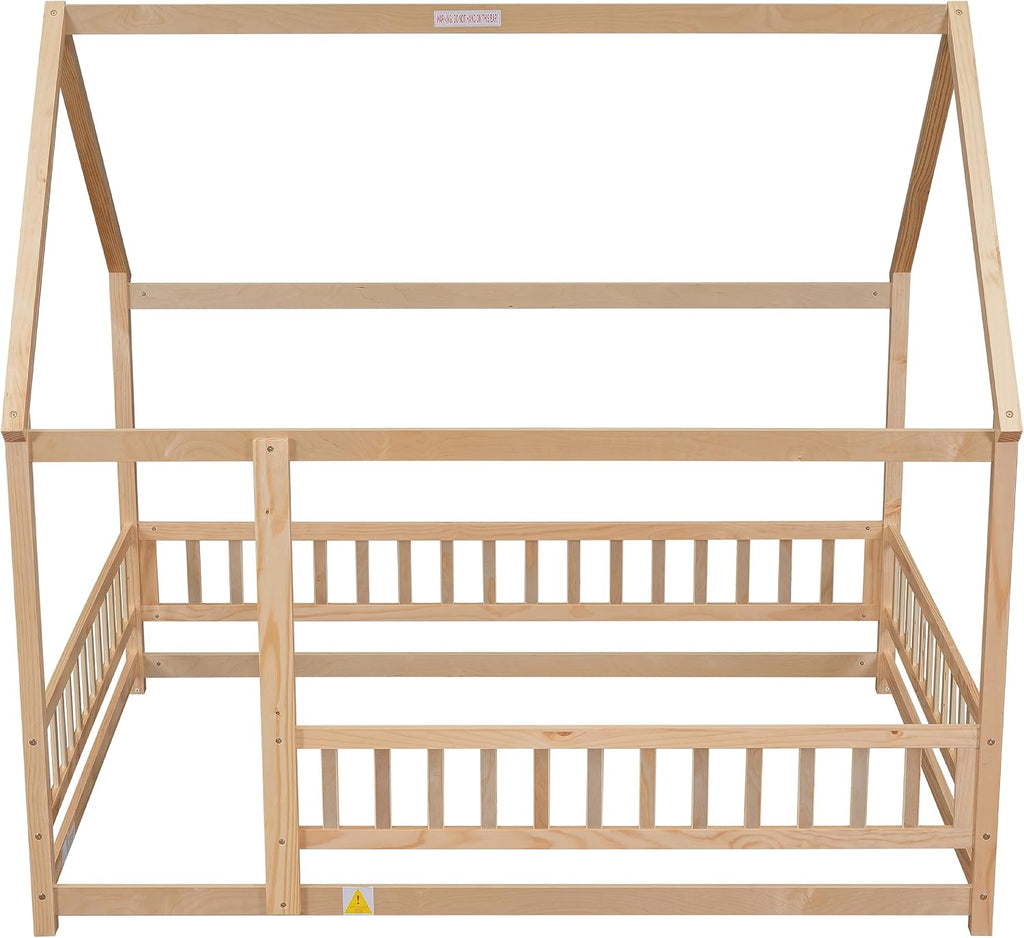 Toddler Floor Bed with Roof and Fence, Natural