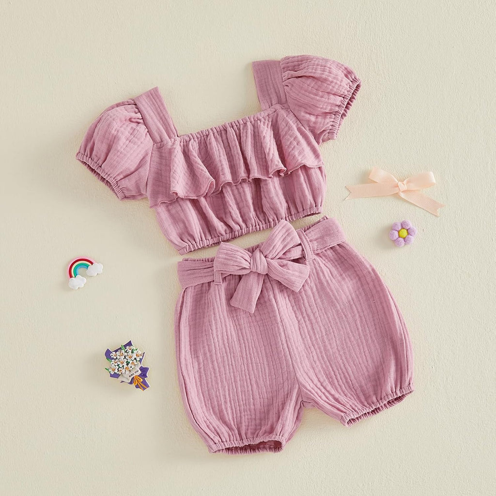 Baby Girl Summer Clothes Toddler Outfit Linen Short Sleeve Ruffle Shirt Crop Top and Belted Shorts 2 Piece Set