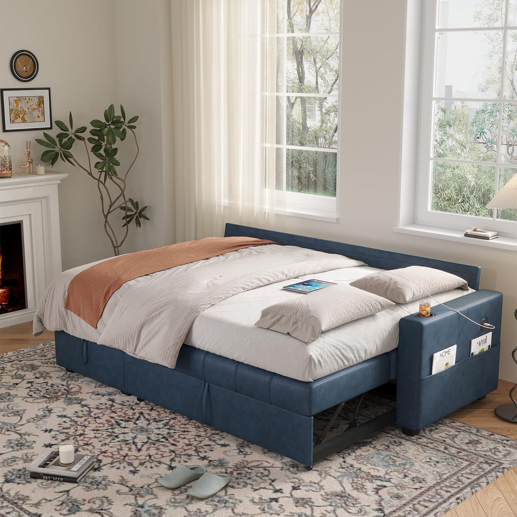 89 inch L-Shaped Sectional Sofa Sleeper with Storage Space & Side Pocket, Anti-Scratch Faux Leather Couch Bed with