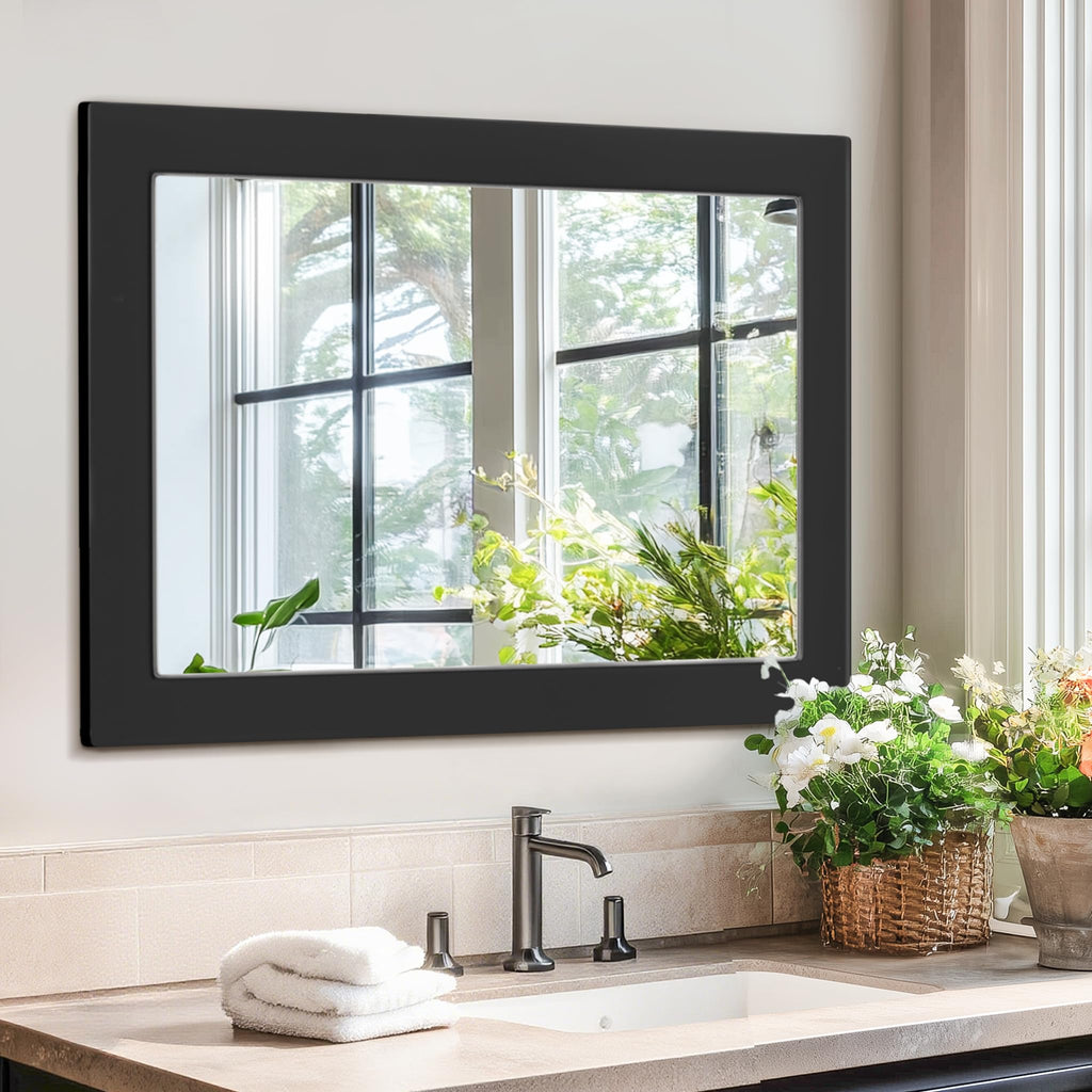 40''x30'' Rustic Wall Mirror Black Wood Frame, Classic Rectangle Mirror Farmhouse Vanity Wall Mirror Decor Living