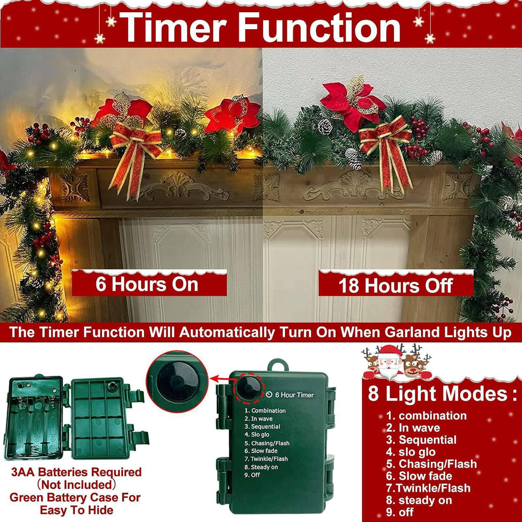 Total 18 Ft Long Prelit Christmas Garland 100 Warm White LED Lights 8 Modes Timer 270 Thick Branch Tips Pinecones Red
