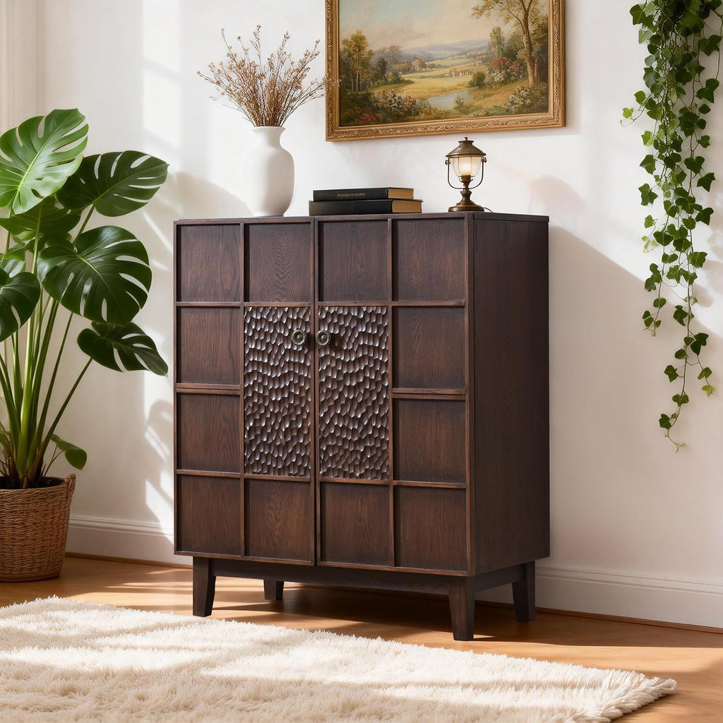 Mid-Century Modern Accent Cabinet with Textured Doors, 4-Cube Storage Cabinet, Walnut Wood Storage Cabinet , 31.5"