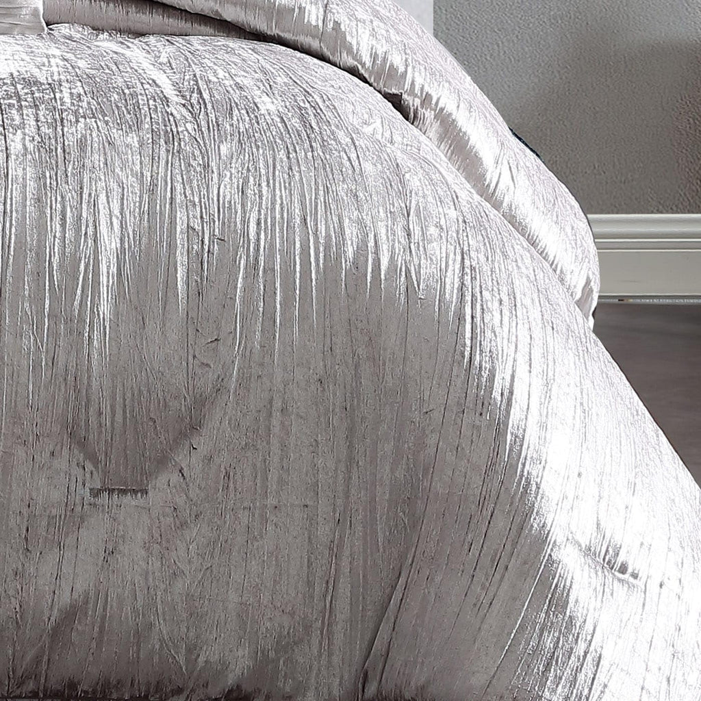 Turin Crinkle Velvet Comforter Bedding Set, Queen Size, Glam Textured Décor, Silver, 7 Pieces