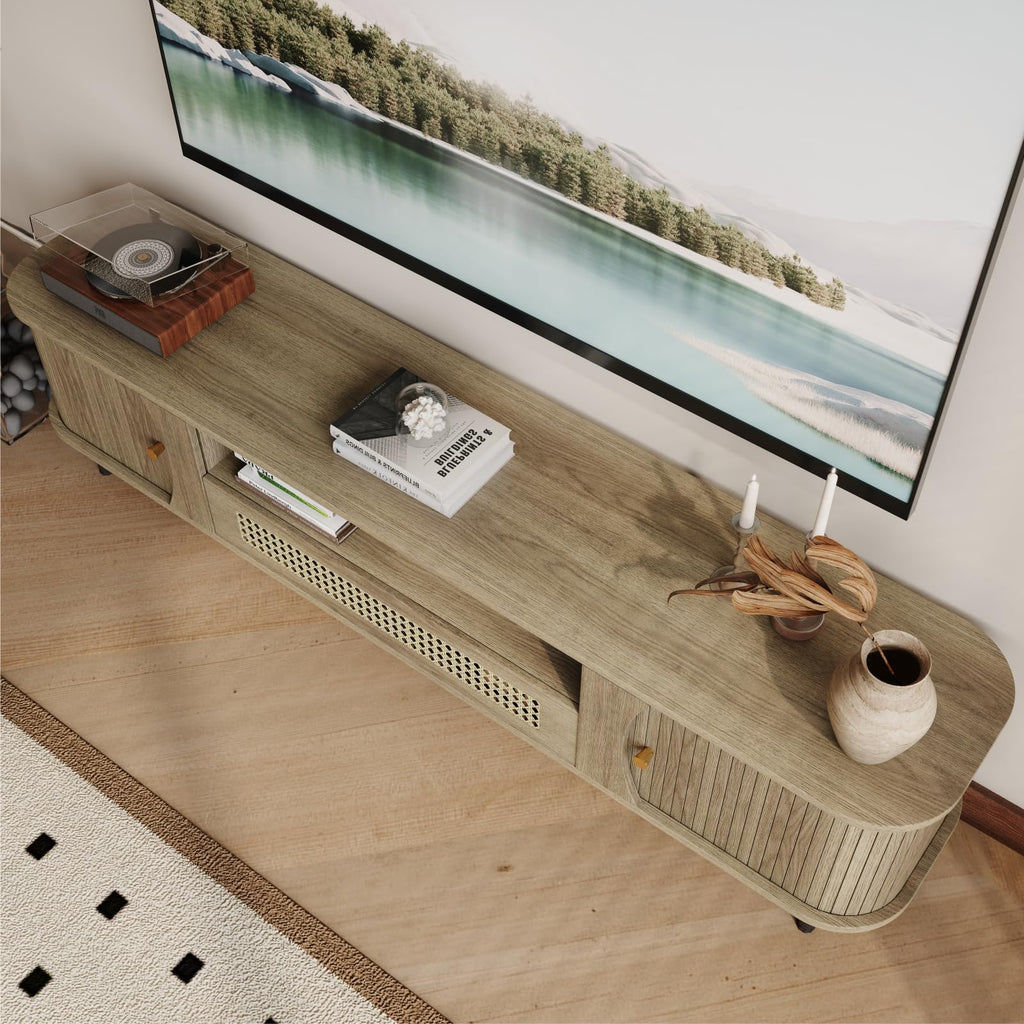71" Mid Century Modern TV Stand, Wood TV Consoles with Sliding Doors and Rattan Door, Entertainment Center with
