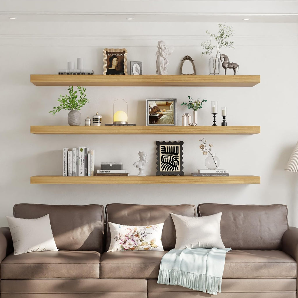 60 Inch Long Floating Shelves for Wall Set of 3, Solid Wood Natural Floating Shelves 10in Depth, 5ft Large Wall Shelf