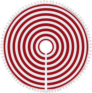 Christmas Tree Skirt, 30'' Red White Rings Stripes with Pom Pom Trim