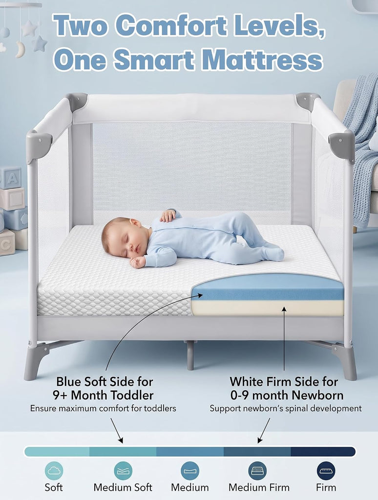 Pack and Play Mattress 38"x26"x3", Plush Memory Foam Crib Mattress Pad with Breathable Cover, Dual Sided Comfort for