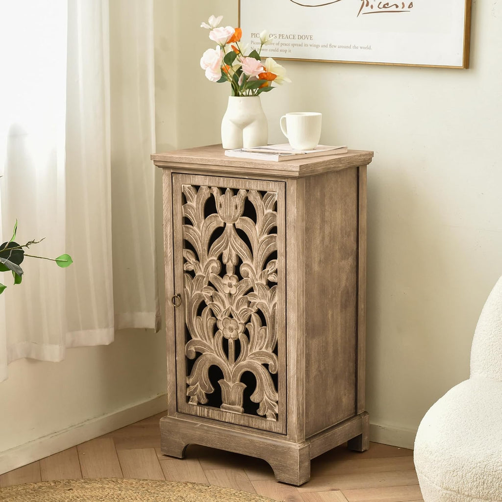 Vintage Hollow Carved Door End Table, Natural | 18x14x30.5", Storage Cabinet with Decorative Panel, Indoor Living
