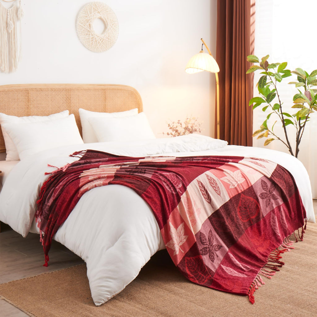 Bohemian Chenille Jacquard Tassel Throws - Reversible Red&Pink Maple Leaf Design for Boho Hippie Vibes - Oversized
