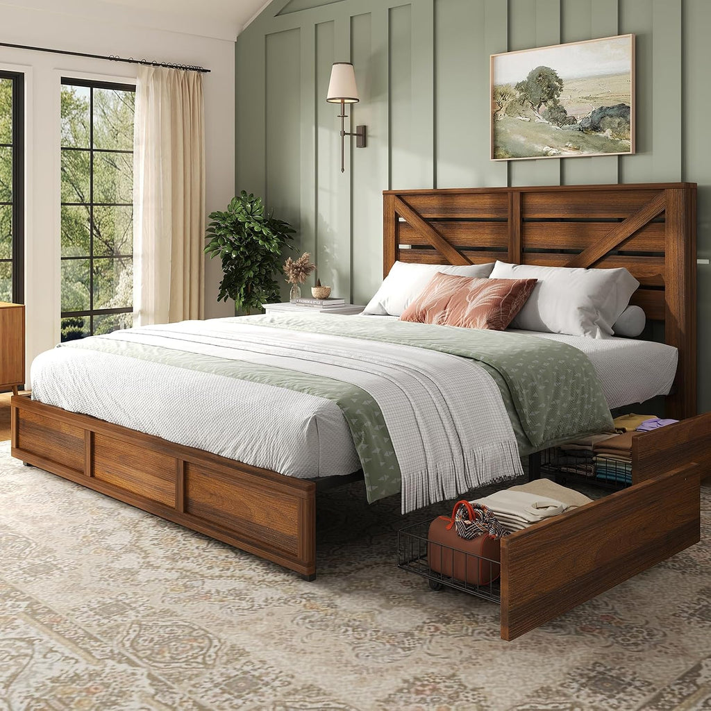 48.8" H Queen Bed Frame with 4 Storage Drawers, Farmhouse Platform Bed with Barn Door Headboard, Rustic Wood Grain