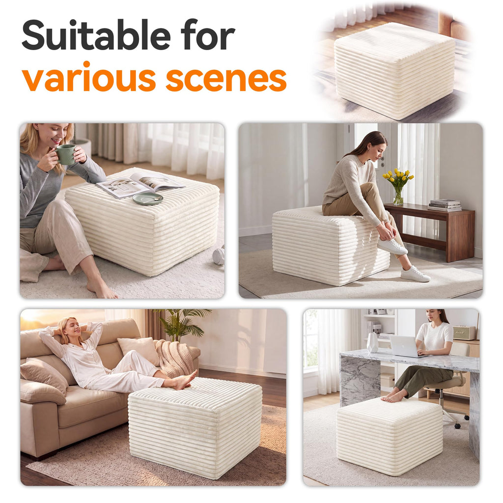 23in Square Pouf Ottoman, Large Corduroy Ottoman Foot Rest with Solid High-Density Foam, Removable Washable Cover