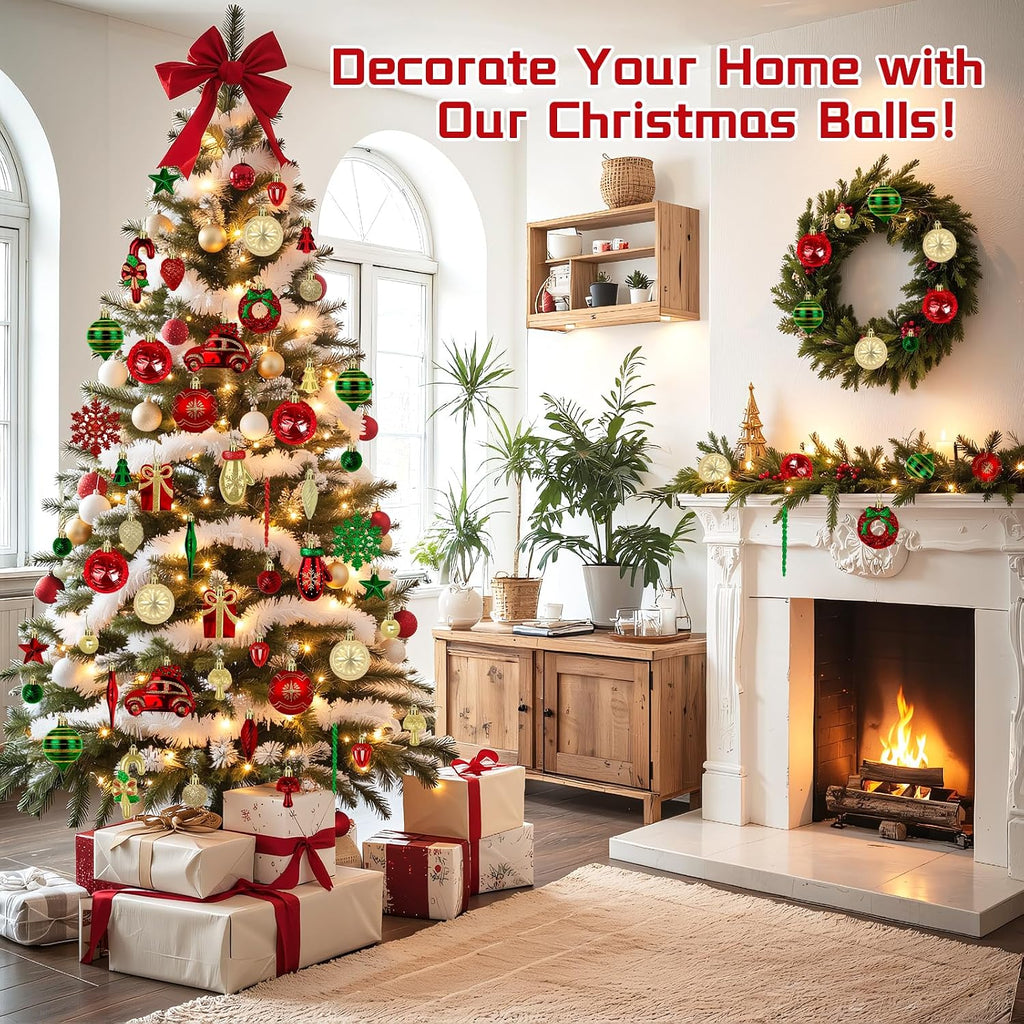 Christmas Balls Ornaments, Xmas Decorations, Green, Red & Gold - Set of 82