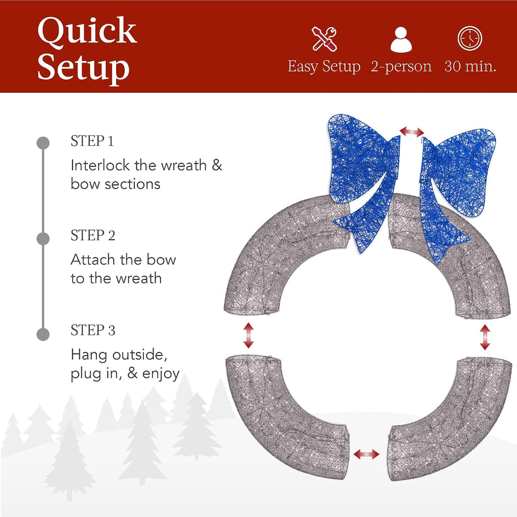 48in Pre-Lit Outdoor Christmas Wreath Decoration, LED Metal Holiday Decor w/ 140 Lights, Bow - Hanukkah Silver/Blue