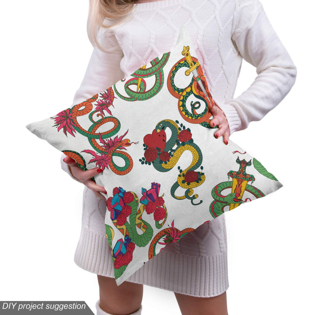 Dragon Fabric by The Yard, Colorful Traditional Reptiles Flowers and Historic Items Japanese Ornaments Pattern